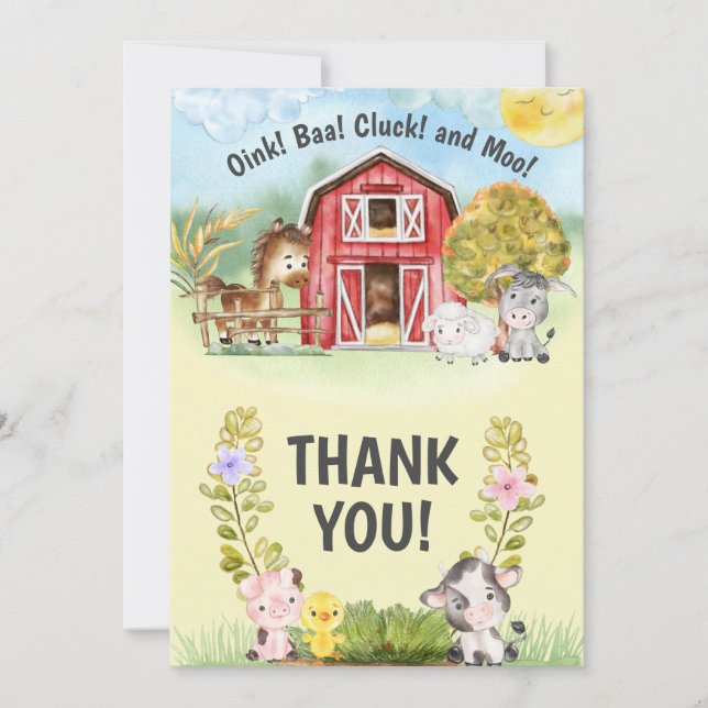 Farm Animal Barn Themed 2nd Birthday Thank You Card (Front)