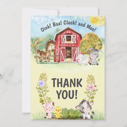 Farm Animal Barn Themed 2nd Birthday Thank You Card