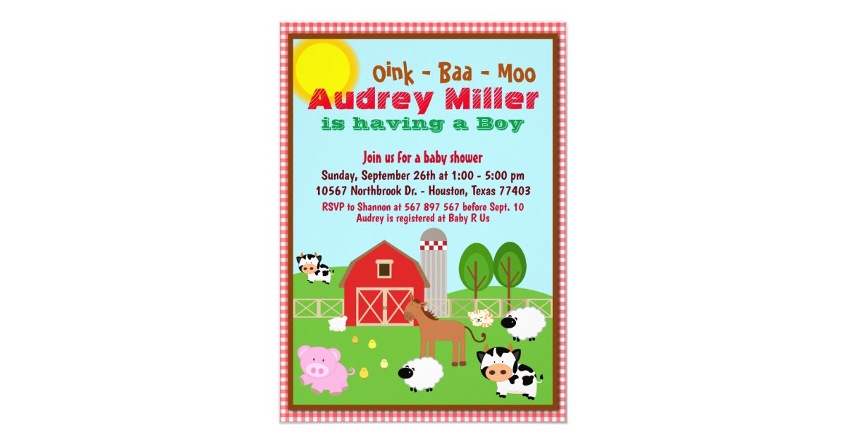 Farm Animal Barnyard Baby Shower Invitation Zazzle Com