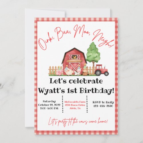 Farm Animal Barnyard Bash Birthday Invitation