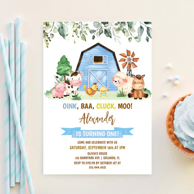 Farm Animal Barnyard Boy First Birthday Invitation (Creator Uploaded)