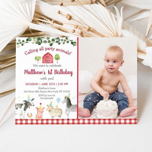 Farm Animal Barnyard Greenery Birthday Invitation