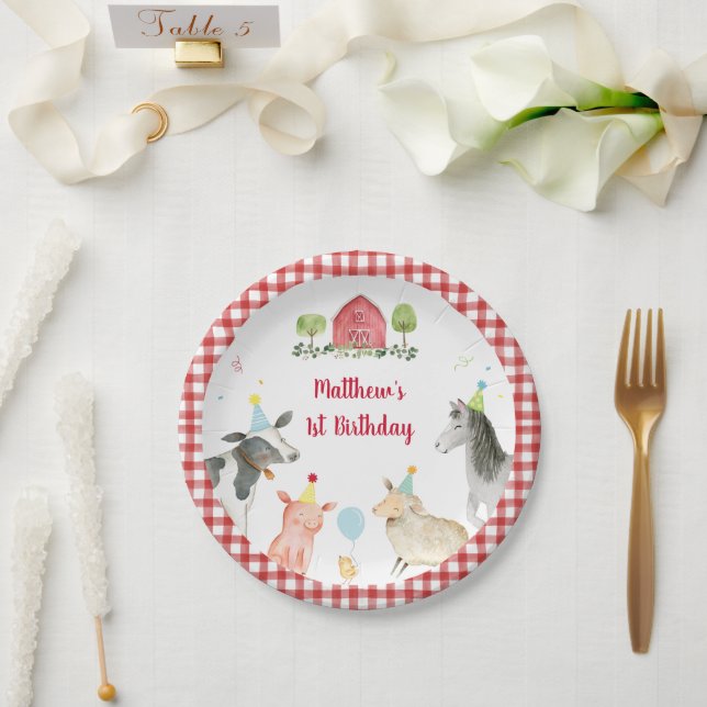 Farm Animal Barnyard Greenery Birthday Paper Plates (Wedding)