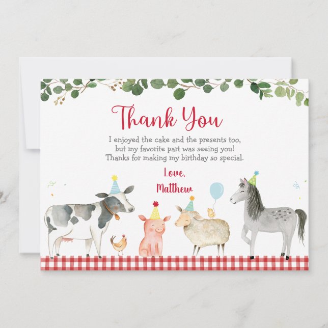 Farm Animal Barnyard Greenery Birthday Thank You Invitation (Front)