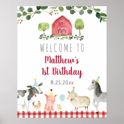 Farm Animal Barnyard Greenery Birthday Welcome Poster