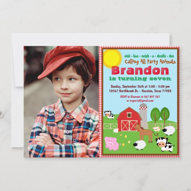 Farm Animal Barnyard Kids Birthday Photo Invitation (Front)