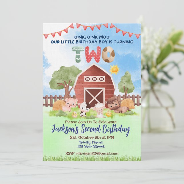 Farm Animal Barnyard Second Birthday Invitation (Standing Front)