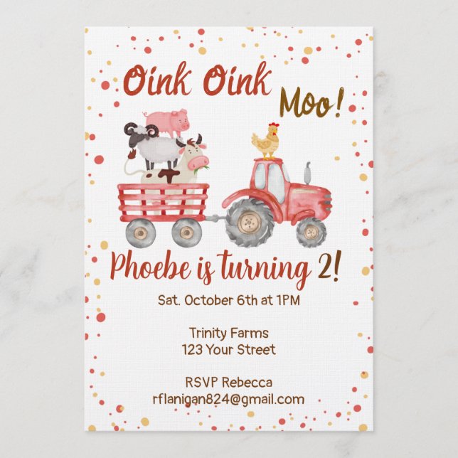 Farm Animal Barnyard Second Birthday Invitation (Front)