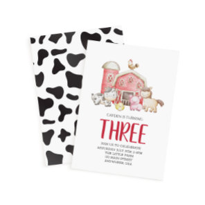 Farm animal birthday invitation with cow print