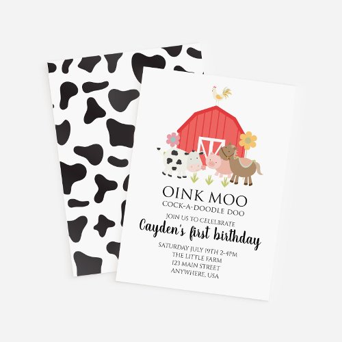 Farm animal birthday invitation with cow print