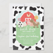 Farm animal birthday invitation with cow print (Front)