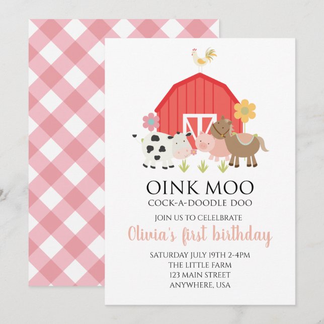 Farm animal birthday invitation with pink plaid (Front/Back)