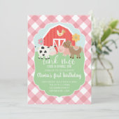 Farm animal birthday invitation with pink plaid (Standing Front)