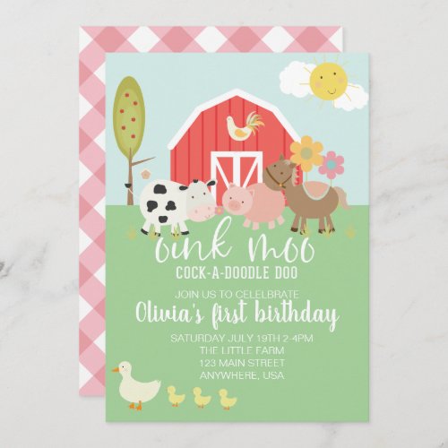 Farm animal birthday invitation with pink plaid