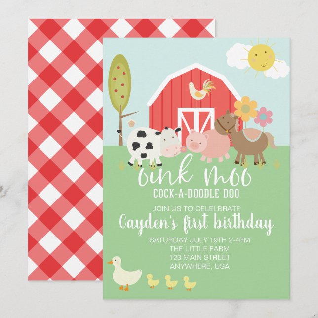 Farm animal birthday invitation with red plaid (Front/Back)