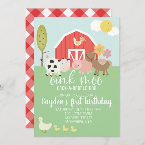 Farm animal birthday invitation with red plaid
