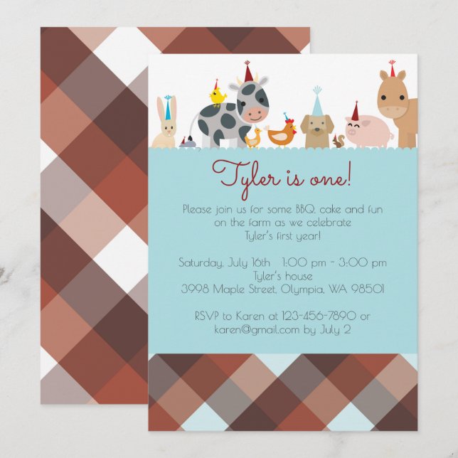 Farm Animal Birthday Party Invitation - Boy Color (Front/Back)