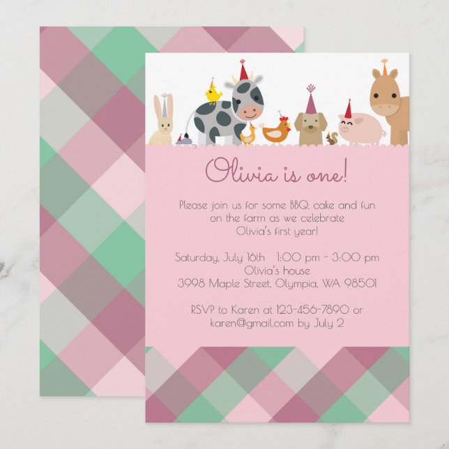 Farm Animal Birthday Party Invitation - Girl Color (Front/Back)