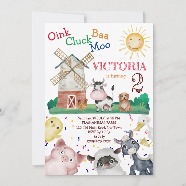 Farm animal birthday party invite template (Front)