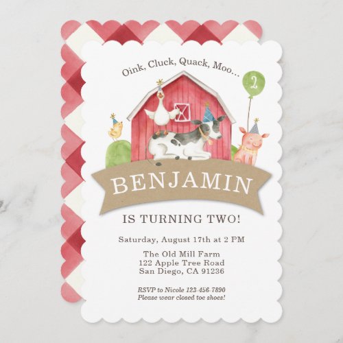 Farm Animal Birthday Party Red Check Boy or Girl Invitation