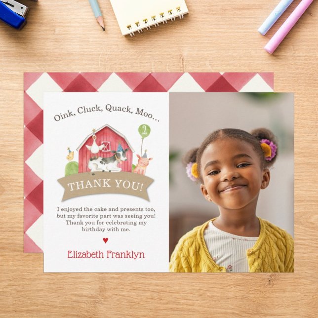 Farm Animal Birthday Party Red Check Boy or Girl Thank You Card (Creator Uploaded)