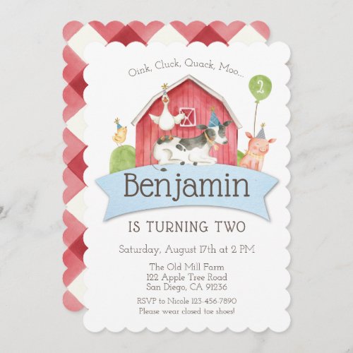 Farm Animal Birthday Party Red Check Invitation