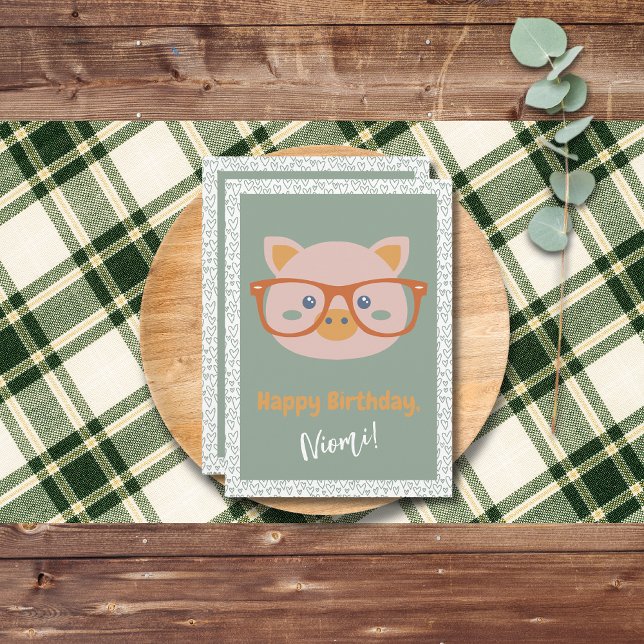 Farm Animal Birthday Piggy Green Hearts Pattern Invitation (Farm Animal Pig Green Background Green Heart Border Pattern)
