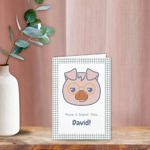 Farm Animal Birthday Piglet Green Gingham Letterpress Thank You Card