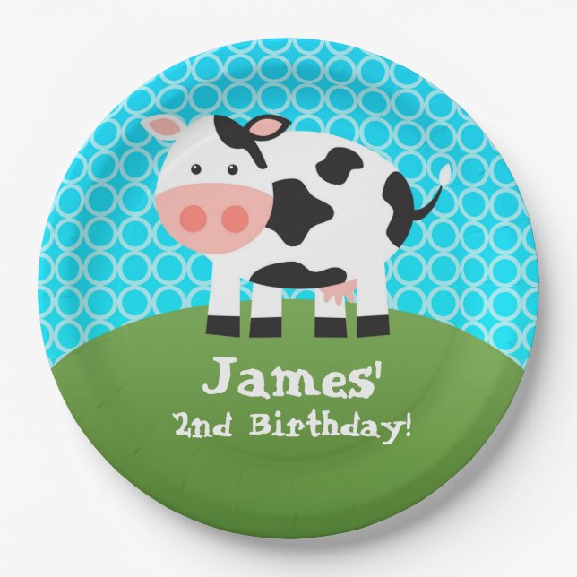 Farm Animal, Black White Cow, Kids Birthday Party Paper Plates (Front)