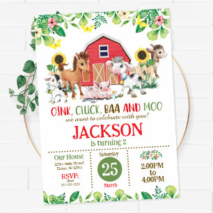 Farm Animal Boys Barnyard Party 2nd Birthday Invitation