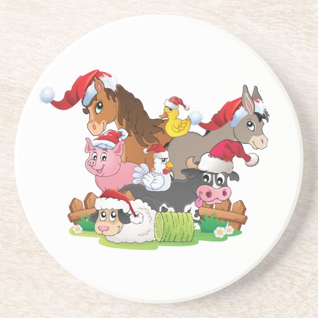 Farm Animal Christmas Sandstone Coaster (Front)