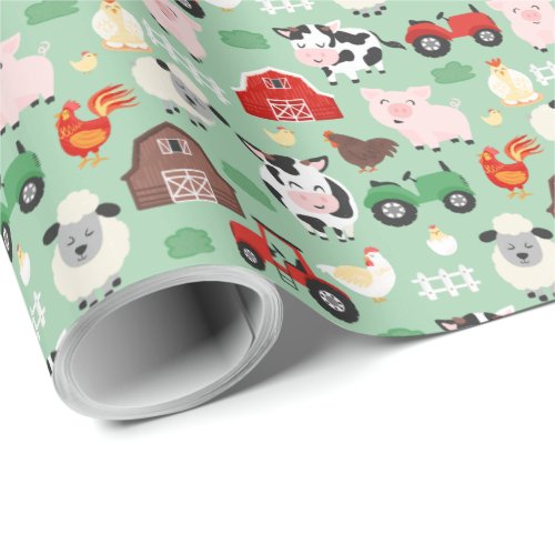 Farm Animal Cow Pig Barn Tractor Birthday Party Wrapping Paper