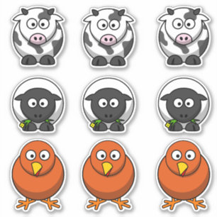 Farm Animal Cow, Sheep, Chick Barnyard Cartoon Sticker