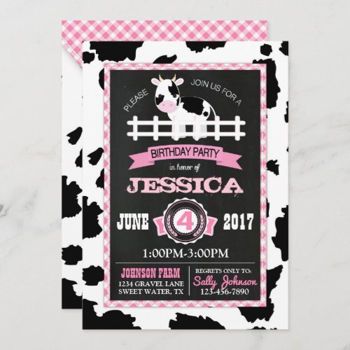 Farm Animal Cowhide Gingham Country Girl Birthday Invitation