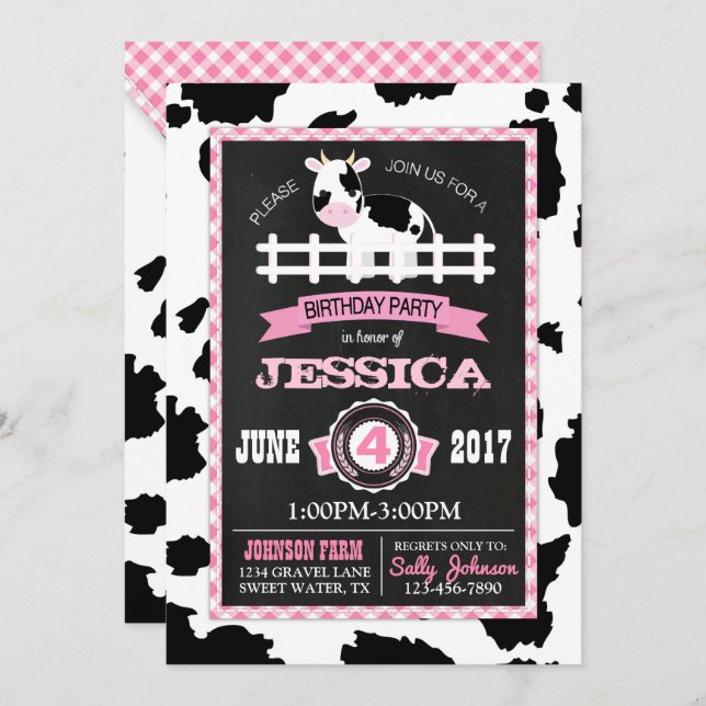Farm Animal Cowhide Gingham Country Girl Birthday Invitation (Front/Back)