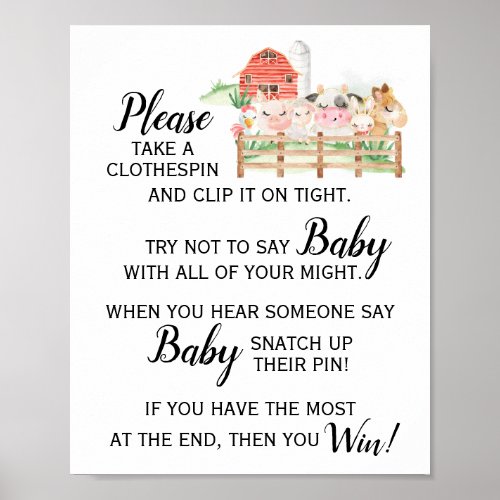 Farm Animal Dont Say Baby Game Baby Shower Sign