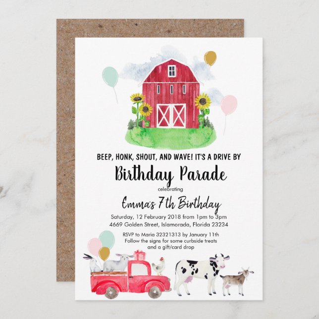 Farm animal Drive by Birthday Parade Invitation (Front/Back)