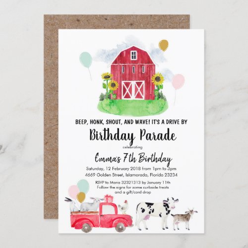 Farm animal Drive by Birthday Parade Invitation