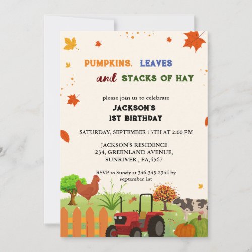 Farm Animal fall Pumpkin Boy First Birthday Party  Invitation