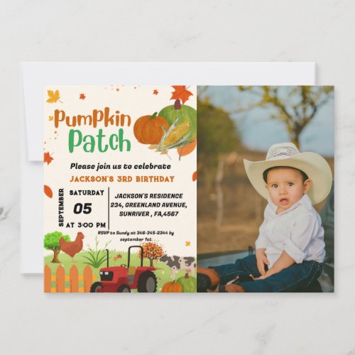Farm Animal fall Pumpkin Boy First Birthday Party  Invitation