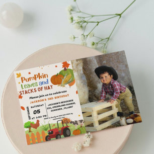 Farm Animal fall Pumpkin Boy First Birthday Party  Invitation