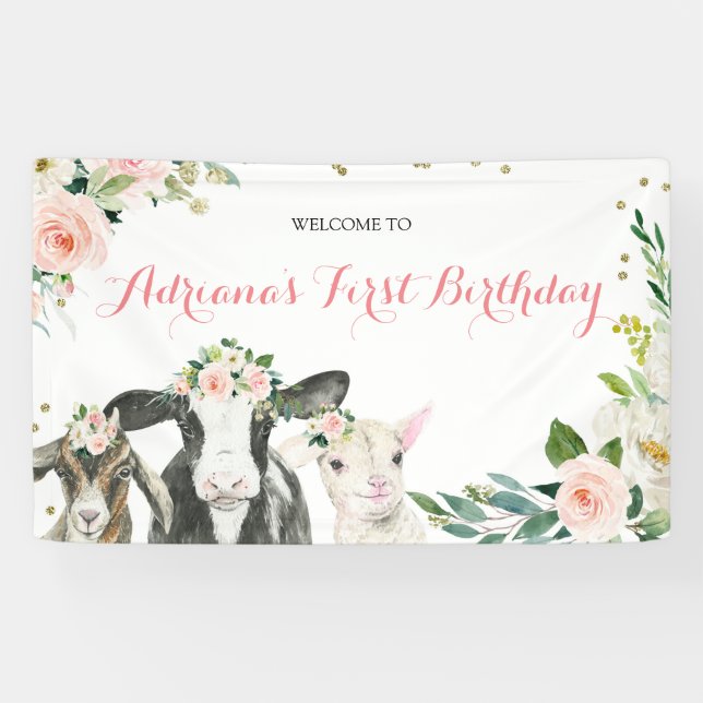 Farm Animal Floral Girl Baby Shower Large Banner (Horizontal)