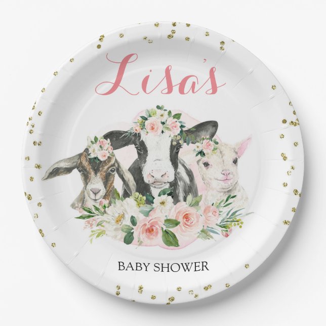 Farm Animal Floral Girl Baby Shower Paper Plates (Front)