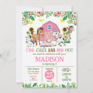 Farm Animal Girl Barnyard Party 2nd Birthday Invitation
