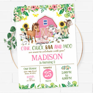 Farm Animal Girl Barnyard Party 2nd Birthday Invitation