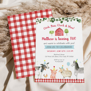 Farm Animal Greenery Barnyard 2nd Birthday Invitation