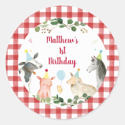 Farm Animal Greenery Birthday Classic Round Sticker