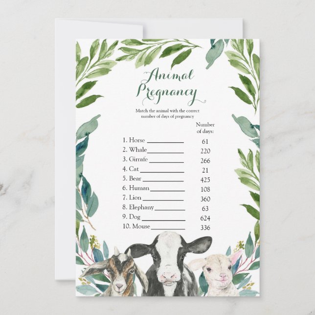Farm Animal Greenery Boy Animal Pregnancy Games Invitation (Front)