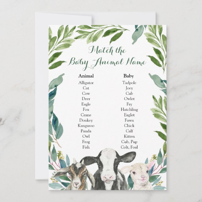Farm Animal Greenery Boy Baby Animal Name Games Invitation (Front)