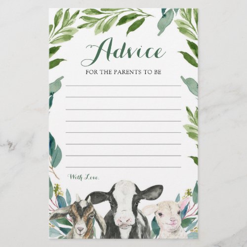 Farm Animal Greenery Boy Baby Shower Advice Card